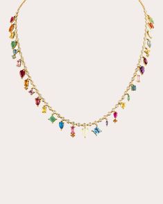 Crafted from solid 14-karat gold, this collar necklace decorates its diamond-encrusted chain with a rainbow-hued array of multi-cut gemstones for colorful shine. From Eden Presley's Rock Collection. Lobster claw clasp 14k gold, rainbow sapphire and diamond Carat: 1.83 ctw diamond, 4 ctw sapphire Diamond color: G-H Diamond clarity: VS1 Polish with soft cloth Made in the USA Measurements Chain length: 16in Colorful Gold Necklace, Rainbow Jewelry Aesthetic, Dope Jewelry Accessories, Rainbow Sapphires, Colorful Necklace, Rainbow Jewelry, Rainbow Necklace, Dope Jewelry, Classy Jewelry