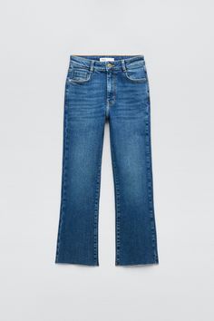 Z1975 HIGH RISE MINI FLARE JEANS - Mid-blue | ZARA United States Classic Zara Jeans For Fall, Zara Classic Straight Leg Jeans, Zara Medium Wash Bottoms For Workwear, Zara Denim Blue Bottoms For Fall, Zara Medium Wash Jeans For Fall, Zara High Rise Jeans For Fall, Trendy Zara Flare Jeans For Fall, Zara High Rise Flare Jeans Casual Style, Zara Wide Leg Jeans For Fall