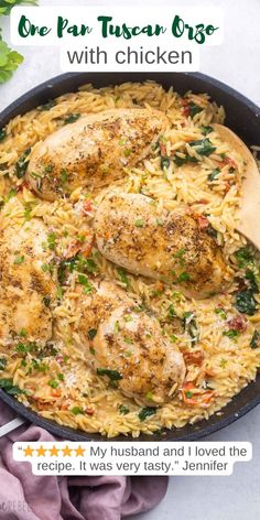 one pan tuscan orzo with chicken in a skillet and text overlay that reads, one pan tuscan orzo with chicken