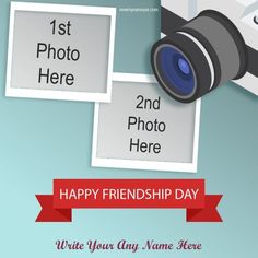 a happy friend's day card with a camera and two photo frames on it