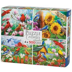 the puzzle box has four different pictures of birds and flowers on it's sides