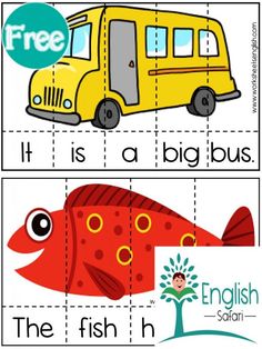 an image of a bus and fish cut out to spell the word's name