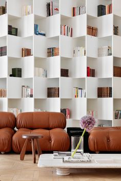 a living room filled with furniture and bookshelves