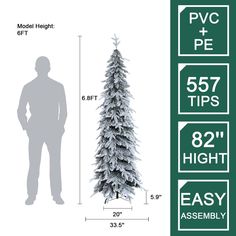 a tall christmas tree is shown with measurements for the size and height, along with an image of a man standing next to it