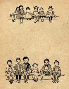 an old book with children sitting on a bench and one child standing in front of them