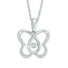 A special gift for a woman of any age, this charming diamond butterfly pendant from the Unstoppable Love™ Collection creates a wonderful memory. Crafted in sterling silver, this open papillon design features wings lined with sparkling diamonds. At its center, a single diamond glistens in a unique setting that moves with every beat of her heart and every turn of her head. Radiant with 1/8 ct. t.w. of diamonds and a bright polished shine, this pendant suspends along an 18.0-inch rope chain that se Diamond Butterfly Charm Jewelry For Wedding, Diamond Butterfly Necklace In Fine Jewelry Style, Diamond Butterfly Charm Jewelry, Fine Jewelry Butterfly Pendant With Diamond Accents, Fine Jewelry With Butterfly Diamond Accents, Fine Jewelry Butterfly With Diamond Accents, Butterfly Charm Pendant Jewelry For Anniversary, Elegant Butterfly Necklace For Anniversary And Mother's Day, Diamond Jewelry With Butterfly Charm For Anniversary