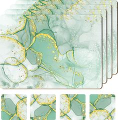 marble coasters with gold speckles and green paint on them, set of six