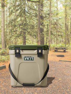 a cooler sitting in the middle of a forest