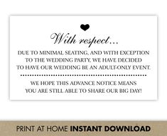 the printable wedding reception card is shown