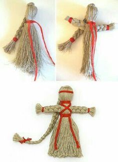 four different pictures of an old fashioned doll made out of rope and yarn with red trim