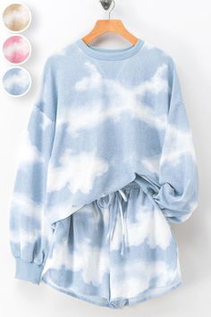 TIE-DYE Light weight sweatshirt and elastic waist shorts lounge wear. poly/cotton (out of stock pink/brown) Sweats Set, Cute Dress Outfits, Dye Sweatshirt, Tie Dye Outfits, Cute Preppy Outfits, Easy Trendy Outfits, Tie Dye Sweatshirt, Simple Trendy Outfits, Cute Everyday Outfits