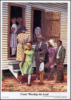 a painting of people standing in front of a house with the words come worship the lord