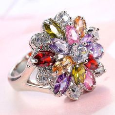 Flower Shaped Multi Pink Topaz Morganite Amethyst Garnet Silver Ring Size 6-10 Multicolor Rings With Accent Stones For Gift, Gift Multicolor Amethyst Ring With Accent Stones, Multicolor Amethyst Ring For Gift, Multicolor Open Crystal Ring As Gift, Multicolor Cubic Zirconia Rings For Gift, Multicolor Flower-shaped Wedding Rings, Multicolor Flower Ring As Gift, Multicolor Cubic Zirconia Crystal Ring For Weddings, Multicolor Multi-stone Rings For Gift