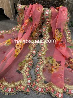 Organza printed dupatta with multicolor embroidered border! Scalloped edge with sequins work gives it a special look. 96 inches by 33 inches Luxury Organza Dupatta For Parties, Multicolour Dupatta, Floral Organza Dupatta, Organza Printed Dupatta, Suit Ideas, Printed Dupatta, Gold Wrap, Embroidered Border, Dupion Silk