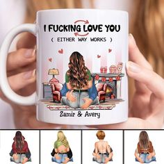 personalized coffee mug with two women hugging each other