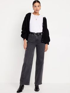 Extra High-Waisted Sky-Hi Wide-Leg Jeans | Old Navy Casual Black Button-up Bottoms, Versatile Black Jeans For Fall, Washed Black Bottoms With Belt Loops For Fall, Fall Washed Black Bottoms With Belt Loops, Casual Gray Jeans With Belt Loops, Versatile Black Jeans With Pockets, Black Versatile Jeans, Everyday Black Bottoms With Button Closure, Washed Black Jeans For Fall With Pockets