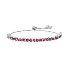 "Featuring round-cut, lab-created ruby stones and S links, this adjustable lariat bracelet exudes a radiant look.BRACELET DETAILS Length: adjusts to 9 in. Metal: sterling silver Plating: rhodium STONE DETAILS Stone type: lab-created ruby Total weight: 4 ct. Shape: round Setting: prong Gemstones may have been treated to enhance their appearance. Special care may be required.  Size: 9"". Gender: female. Age Group: adult. Material: Sterling Silver|Rhodium." Adjustable Ruby Bracelet For Formal Occasions, Adjustable Ruby Bracelets For Formal Occasions, Formal Adjustable Ruby Bracelets, Red Adjustable Classic Jewelry, Adjustable Ruby Gemstone Bracelet, Adjustable Elegant Ruby Bracelet, Adjustable Gemstone Tennis Bracelet, Adjustable Red Birthstone Bracelet, Ruby Gemstone Tennis Bracelet