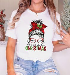 Christmas Shirt | Just a Girl Who Loves Christmas Tshirt | Funny Christmas Gift - Gifts for Mom - Funny Shirt Women - Shirt for Women 4.3 oz., pre-shrunk 100% combed ringspun cotton, 32 singles Heather Grey is 90/10 combed ringspun cotton/polyester Shoulder-to-shoulder taping Double-needle stitched sleeves and bottom hem Tubular construction TearAway™ label for easy relabeling Shipping: I ship within 1 or 3 business days of payment being received. Please take note that all my items are printed t Diy Christmas Costumes, Christmas Day Outfit, Christmas Tshirt, Funny Shirts Women, Funny Christmas Gifts, New Years Eve Outfits, Tshirt Funny, Funny Christmas Shirts, Christmas Costumes