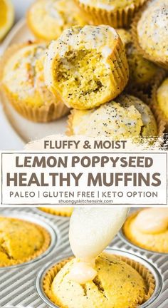 lemon poppy seed muffins being drizzled with honey