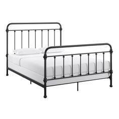 a black metal bed frame with white sheets and pillows on top of it, against a white background