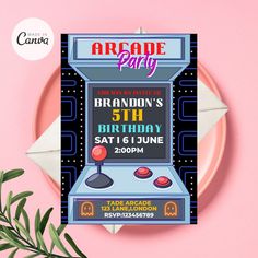 an arcade party flyer on a plate with a plant next to it and a pink background