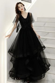 Black V-Neck Tulle Layers Long Formal Dress A-Line Black Party Dress Black Prom Dresses For Prom Season, Organza Dress For Party And Gala, Organza Dress For Gala Party, Black Prom Gown For Party Season, Black Tulle Dresses For Party Season, Black Gown For Prom Party Season, Black Tulle Dress For Party, Black Tulle Dress For Evening, Black Gown For Prom And Party Season