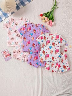 Multicolor Cotton Sleepwear With Cartoon Print, Spring Cartoon Print Loungewear Sets, Sweet Cotton Sleepwear For Pajama Party, Multicolor Cartoon Print Sleepwear For Spring, Sweet Cotton Sleepwear For Sleepover, Cute Cotton Cartoon Print Sets, Matching Pink Loungewear Sets, Cute Matching Set Sleepwear For Pajama Party, Cute Cotton Sets With Cartoon Print