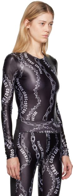 Stretch polyester jersey bodysuit. Logo and graphic pattern printed throughout. · Round neck · Press-stud closure at bottom · Unlined Supplier color: Black Luxury Fitted Printed Tops, Luxury Fitted Black Bodysuit, Black Graphic Print Bodysuit For Party, Black Printed Bodysuit For Party, Couture Bodysuit, Versace Jeans Couture, Versace Jeans, Graphic Patterns, Apparel Accessories