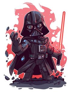 a darth vader cartoon character holding a red light saber in his right hand