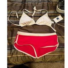 Nwt Shorts Bikini White Trim On Bottoms Have Red Stain From Being Stored (See Pic) Priced Reflected As Such Swimwear With Shorts, Red Stain, White Bikinis, Red Shorts, White Trim, Lady In Red, Womens Swim, Bathing Suits, White Shorts