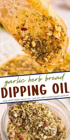 garlic herb bread dipping oil in a glass jar with the title overlay above it