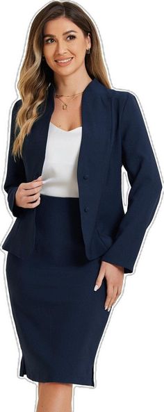 Single-breasted Skirt Suit For Office, Fitted Blue Suits For Office Lady, Fitted Blazer For Semi-formal Office Wear, Fitted Blue Office Lady Suits, Fitted Single Button Office Lady Blazer, Fitted Blazer For Office Lady, Single Breasted Fitted Skirt Suit For Business Casual, Fitted Single Breasted Skirt Suit For Business Casual, Fitted Single-breasted Skirt Suit For Business Casual