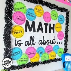 a bulletin board with the words math is all about written in black and white dots