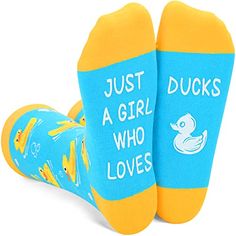 DUCK SOCKSDuck socks for women, duck socks for girls. Go for that squeaky clean look with these fun and colorful rubber ducky socks for women! Socks funny sayings for women " JUST A GIRL WHO LOVES DUCKS", bubblets and grippers on socks, they're bright, colorful accents and you are sure to be noticed.SIZE & PACKINGYellow ducks socks. Animal socks for women. Fits for women shoe size 6-10; socks size 8-12. 1 pair comes in each plastic zippered bag.QUALITY MATERIALWe use 80% Cotton, 17% Polyamid Duck Clothing, Duck Things, Duck Socks, Ducks Swimming, Duck Stuff, Dinosaur Socks, Fox Socks, Socks Gifts, Silly Socks