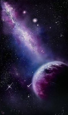 an artist's rendering of the planets and stars in outer space, with purple hues