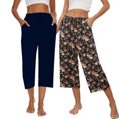 PRICES MAY VARY. Capri pajama pants for women are made of cotton polyester blend fabric, lightweight, breathable, stretchy, super soft against the skin and comfy enough for every day wearing Women's cotton lounge pants feature elastic waistband with drawstring, wide leg cut and loose fit, cropped length pants with two side pockets, soft and comfy touching, move freely all the day 2 pack capri sleep pants, soft and stretchy, comfortable and casual for sleepwear, perfect for everyday essentials, e Comfortable Summer Pants For Pajama Party, Summer Relaxation Sweatpants With Elastic Waistband, Casual Sleepwear Trousers With Elastic Waistband, Casual Summer Sleepwear Trousers, Casual Sweatpants For Pajama Party In Spring, Casual Spring Sweatpants For Pajama Party, Casual Capris With Pockets For Loungewear, Comfortable Wide-leg Summer Sleepwear, Ankle-length Yoga Pants For Summer Loungewear