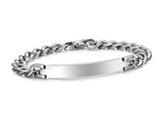 "This personalized silver ID bracelet can be custom engraved on both sides with a name, date or monogrammed initials. This engraved bracelet is made from high quality stainless steel that will never corrode, rust or change color. Our engraved jewelry make perfect personalized gifts for any occasion. Fits Wrist Sizes: Adjustable 7\" - 7.75\" Finish: High Polished Stainless Steel Clasp Type: Lobster Link Style: Figaro Plaque Dimensions: 1.25\" x 0.25\" It is the perfect gift for couples! Show your Customizable Silver Round Name Bracelet, Customizable Silver Name Bracelet, Classic White Gold Name Bracelet With Engraving Option, Silver Metal Name Bracelets, Personalized Silver Stainless Steel Chain Bracelet, Silver Metal Bracelets With Name Detail, Silver Stainless Steel Jewelry With Engraving Option, Engraved Stainless Steel Nameplate Jewelry, Customizable Rectangular Stainless Steel Jewelry