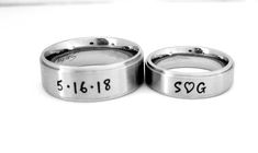 "AWESOME 6 mm Comfort Fit Band, goes on like silk and will be the most comfortable ring you'll ever wear. This is a stainless steel brushed finish on a flat surface with a shiny belveled rim. Add names, dates, quotes, coordinates, scripture or Roman Numerals. I hand stamp each letter then use the best quality black jewelry paint, clean and polish. If you want the ring with no paint in the stamping leave note. I ONLY stamp on the outside of the ring. To customize: at checkout in box \"note to Let Customizable Adjustable Rings For Promise, Classic Jewelry With Custom Text For Anniversary, Adjustable Customizable Rings For Promise, Custom Text Silver Jewelry For Promise Ring, Classic Hand Stamped Rings For Anniversary, Classic Hand Stamped Anniversary Rings, Customizable Couples Jewelry For Anniversary, Personalized Couple Rings For Promise, Personalized Stainless Steel Engraved Ring For Promise