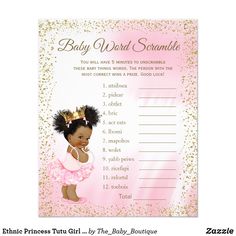 Ethnic Princess Tutu Girl Baby Shower Games Princess Baby Shower Games, Girl Baby Shower Games, Tutu Baby Shower, Princess Baby Shower Invitation, Baby Word Scramble, Baby Words, Princess Tutu