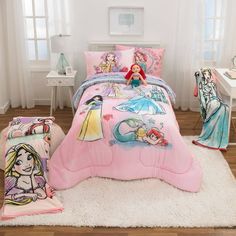 this is a bedroom with princess bedding and accessories