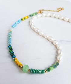 Colorful Pearl Beaded Choker Necklace, Pearl Choker With Colorful Round Beads, Summer Choker With Spacer And Round Beads, Trendy Pearl Beaded Necklaces With Tiny Beads, Trendy Pearl Beaded Necklace With Tiny Beads, Summer Pearl Necklace With Round Beads, Green Beaded Summer Choker, Summer Green Beaded Choker, Green Letter Beads For Summer