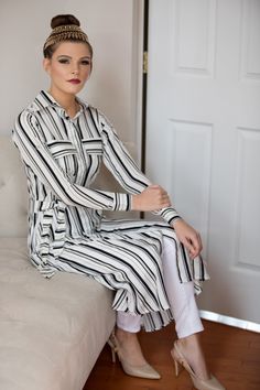 A wardrobe staple that we love just as much for the office as we do for off-duty dressing. Features a classic shirtdress silhouette, button down front, matching self-tie belt and two front patch pockets. V-neck with striped pattern Model wearing a size small Modest Top, Classic Shirt Dress, White Stripes Shirt, Striped Shirt Dress, Belt Tying, Shirtdress, Off Duty, Xl Dress, Striped Shirt