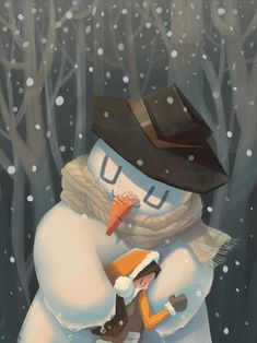 a painting of a snowman hugging a woman