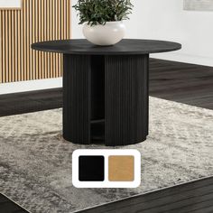 a black table with a white vase on top and a brown rug in the background