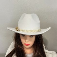 This Hat Is Perfect For The Bride At A Western Theme Wedding. It Is Stunning. Or, Hit The Rodeo Or Show Off Your Country Glam. This Cowboy/Cowgirl Hat Is Just What You Need! Made With High-Quality Material And A Gold Sequin Rope Hat Band, This Hat Is Durable And Eye-Catching. Plus, It's Perfect For Any Occasion! Made With 65% Cotton And 35% Polyester. Head Circumference 22.04"-22.83" #Goldssequinropehatband #Western #Country #White #Unisex #Bridal #Casual #Rodeo #Sequin #Gold ~ Smoke And Pet Fre White Western Fedora Panama Hat, White Brimmed Fedora For Kentucky Derby, White Western Style Panama Hat, White Fedora For Kentucky Derby, White Adjustable Felt Hat With Curved Brim, White Fedora Hat For Kentucky Derby, White Adjustable Curved Brim Felt Hat, White Fitted Hat Bands For The Beach, White Fitted Hat Band For Beach