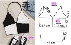 the sewing pattern for a crop top is shown next to an image of two pairs of shoes