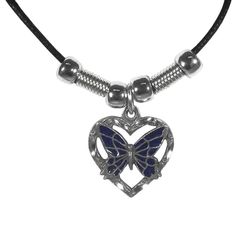 "The fully cast metal pendant is a beautifully carved ornate heart with a purple butterfly at the centre. The pendant comes on a 28\" adjustable cord necklace with beaded accents. Weight: 0.02 lbs. Width: 4.00 in. Length: 2.00 in. Height: 0.20 in." Adjustable Butterfly Jewelry Nickel Free, Adjustable Nickel-free Butterfly Jewelry, Adjustable Butterfly-shaped Nickel-free Jewelry, Adjustable Heart Pendant Necklace With Charms, Adjustable Metal Heart Pendant Charm Necklace, Adjustable Metal Charm Necklace With Heart Charm, Adjustable Silver Butterfly Pendant Necklace, Silver Adjustable Butterfly Pendant Necklace, Adjustable Metal Heart Pendant Necklace