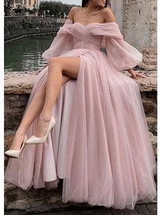 A-Line Prom Dresses Corsets Dress Formal Wedding Party Dress Floor Length Long Sleeve Off Shoulder Tulle with Glitter Ruched Slit 2024 2024 - $196.99 Corset Dress Formal, Minimal Stil, Ben Ben, A Line Evening Dress, Corset Dress Prom, فستان سهرة, A Line Prom Dresses, Pink Tulle, Dresses Ideas