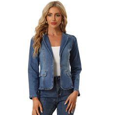 The denim blazer is a classic and stylish addition to any wardrobe. The lapel collar and one-button closure give it a sophisticated look that can be dressed up or down. This denim blazer can be styled in a variety of ways, making it perfect for wearing to work or for casual outings. It can be paired well with jeans, pants, skirts, and dresses. Classic Denim Blazer With Buttons, Classic Long Sleeve Denim Jacket With Double Button Closure, Fitted Elegant Denim Jacket, Elegant Fitted Denim Jacket, Fitted Single Breasted Blue Denim Jacket, Fitted Blue Single Breasted Denim Jacket, Classic Single Breasted Denim Blazer, Elegant Single Breasted Denim Outerwear, Fitted Blue Single-breasted Denim Jacket