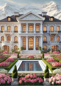 a large white house with lots of windows and flowers in the front yard, surrounded by mountains